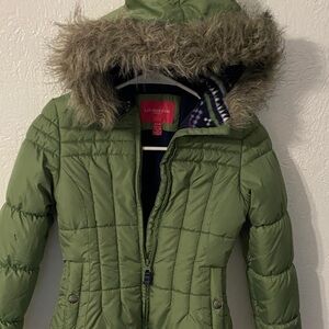London Fog Olive Puffer Jacket with Faux Fur Trim